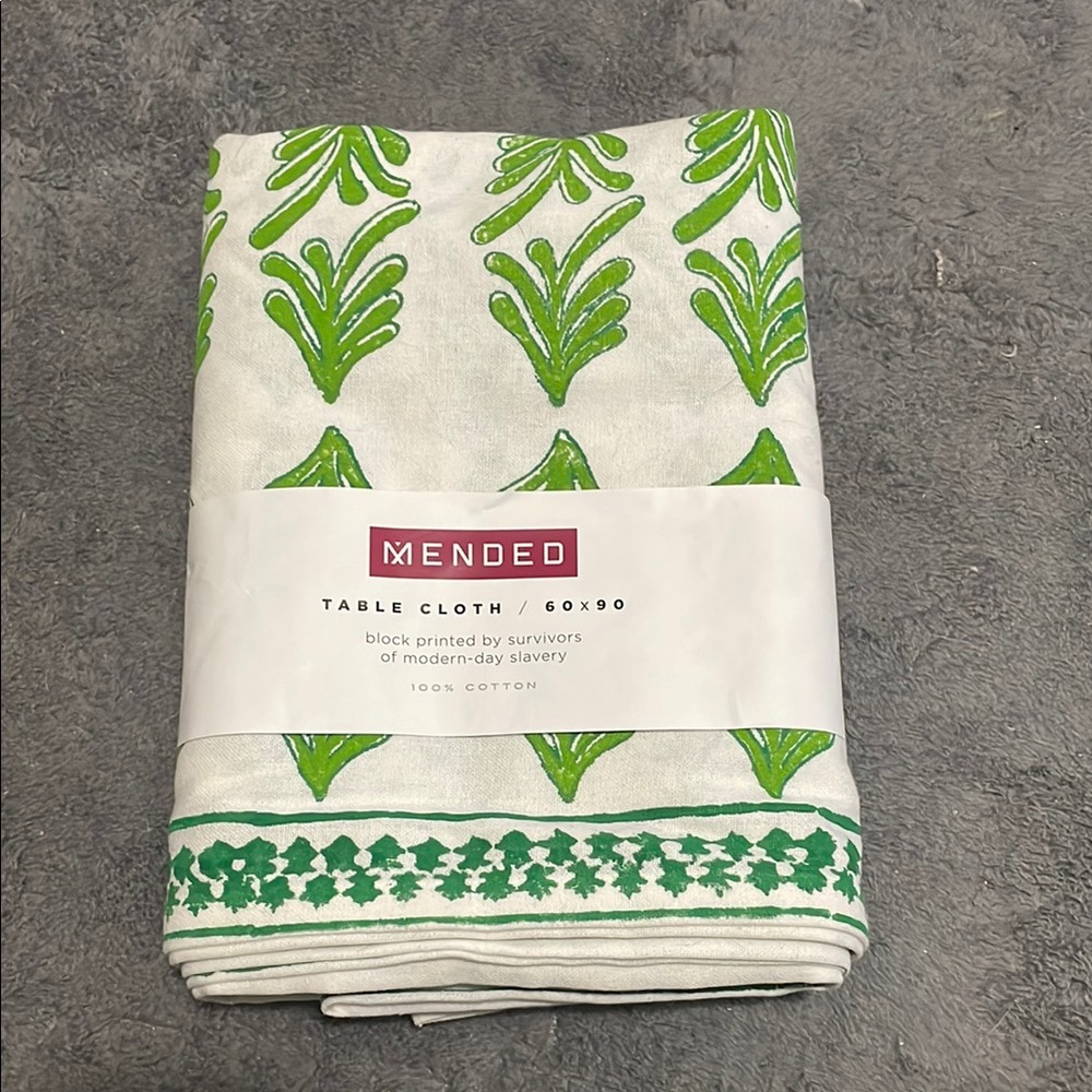 Mended Green and White Palmetto, Evergreen, and Vine Table Cloth